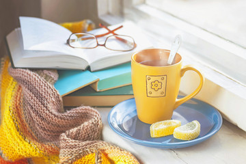 Cozy morning at home. A cup of tea, a blanket, old books and glasses on the windowsill.