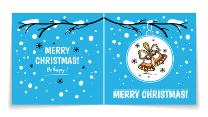 Double sided holiday card with Christmas balls on snowy branch. Illustration with gingerbread bells. Winter background
