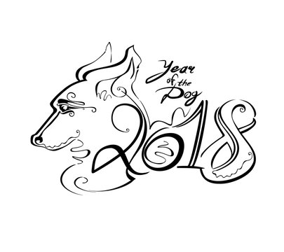 Handwriting template with the 2018 and dog head. Line Art curl. Year of the Dog on the Chinese calendar.