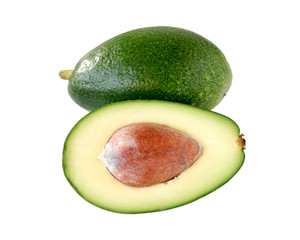 Avocado isolated on a white background. Whole and half with core. Design element for product label.