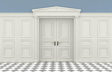 3D illustration. Background with classic wall with wooden panelling and double doors
