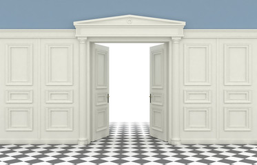 Fototapeta premium 3D illustration. Background with classic wall with wooden panelling and double doors