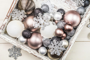 Christmas decorations in the wooden box