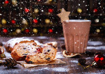  Christmas pastries Holidays Concept Dresdnen Stollen Traditional German Cake   Background Gift for Christmas Fruit Cake Holiday German, European festive dessert Tradition Decoration  Drawn Snowfall