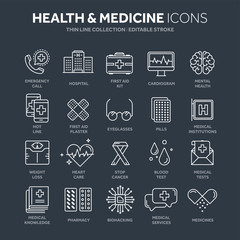 Health care, medicine. First aid. Medical blood tests and diagnostic. Heart cardiogram. Pills and drugs.Thin line web icon set. Outline icons collection.Vector illustration.