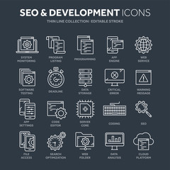Seo and app development. Search engine optimization. Internet, e-commerce.Thin line blue web icon set. Outline icons collection. Vector illustration.