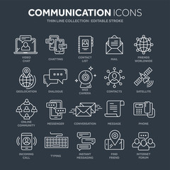 Communication. Social media. Online chatting. Phone call, app messenger. Mobile,smartphone. Computing.Email. Thin line blue web icon set. Outline icons collection. Vector illustration.