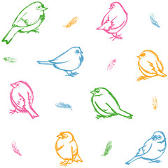 various poses sparrows birds wallpaper, colorful feathers seamless background