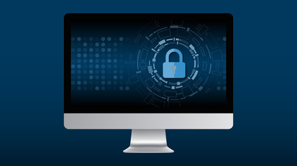 Cyber technology security, network protection background design on realistic computer screen, vector illustration