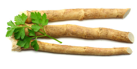 horseradish root with parsley isolated on white background