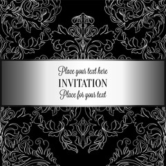 Baroque background with antique, luxury gray, black and metal silver vintage frame, victorian banner, damask floral wallpaper ornaments, invitation card, baroque style booklet, fashion pattern