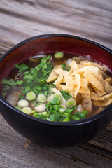 asian soup topped with wonton strips