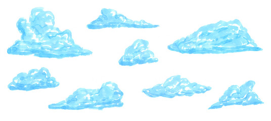 Fototapeta na wymiar Set of cartoon clouds, isolated on white background. Sketch elements drawn by marker.