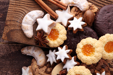 Variety of cookies, biscuits and nuts for christmas.