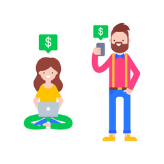 Vector illustration of a woman with laptop and a man with smartphone, with money sign above gadgets