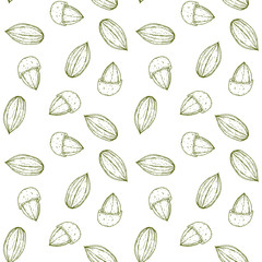 Seamless pattern with almonds in retro vintage hand drawn, sketches, engraved style. Isolated on white background. Modern vector illustration.