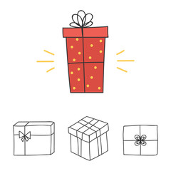 Set, collection of vector doodle gift boxes icons isolated on white background.