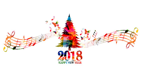 Christmas tree vector illustration. Happy New Year 2018 inscription with colorful christmas tree design background
