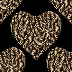 Gold hearts seamless vector pattern. Shiny golden and black Valentines day background. Doodle  ornament. Texture of  foil.