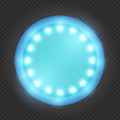 Circle frame, box, banner or border with shining lights bulbs in vintage retro style on transparent background. Realistic 3d vector illustration.