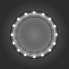 Circle frame, box, banner or border with shining lights bulbs in vintage retro style on transparent background. Realistic 3d vector illustration.