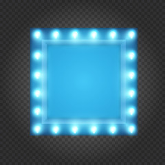 Square frame, box, banner or border with shining lights bulbs in vintage retro style on transparent background. Realistic 3d vector illustration.