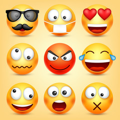 Smiley,emoticons set. Yellow face with emotions. Facial expression. 3d realistic emoji. Funny cartoon character.Mood. Web icon. Vector illustration.