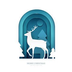 Deer on winter forest in paper cut trendy craft cartoon style. Christmas, new year modern design for advertising, branding background greeting card, cover, poster, banner. Vector illustration.