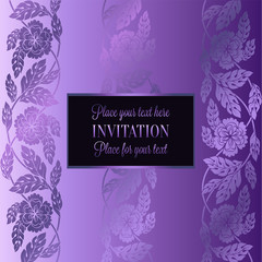 Floral background with antique, luxury lilac, violet flower vintage frame, victorian banner, damask floral wallpaper ornaments, invitation card, baroque style booklet, fashion pattern, template