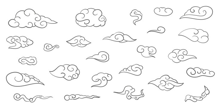 Set of cartoon clouds in traditional chinese style. Design elements for branding decoration, background, cover, poster. Vector illustration.
