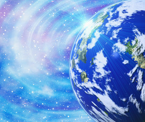 earth planet on sun and stars background with flare