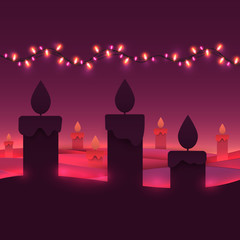Traditional candles in paper cut trendy craft cartoon style. Christmas, new year modern design for advertising, branding background greeting card, cover, poster, banner. Vector illustration.