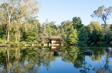 A calm zen pond, reflecting the surrounding wood. - Zen garden, Rockford, IL USA