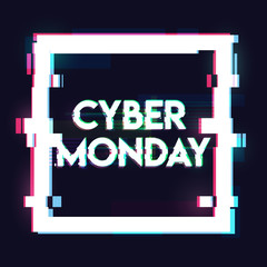 Square banner, sign, label with cyber monday inscription in distorted glitch style on black background. Design element for event advertising, branding, shares, promotion. Vector illustration.