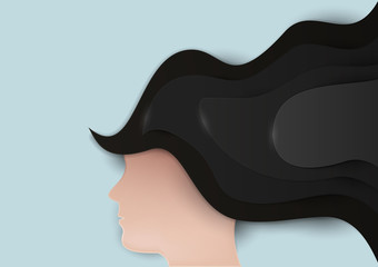 Head of girl with long black hair in paper cut trendy craft style. Modern fashion minimalistic vector background.