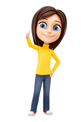 Cheerful girl showing thumbs up on white background. 3d dendering.
