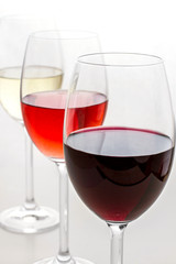Red, rose and white wine in glass