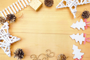 Christmas background with place for your text and white christmas tree and star on a gold wooden background. Flat lay, top view photo mockup