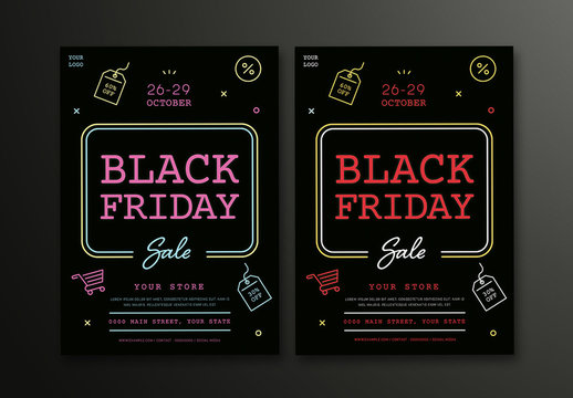 Black Friday Sale Flyer Layouts with Colorful Neon-Style Line Art