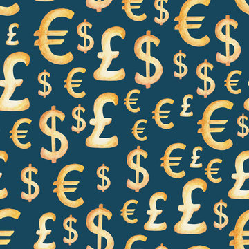 Watercolor currency pattern: dollar, euro, pound. Money concept. Illustration for design, print or background
