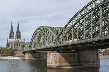 View of Cologne Cathedral (Kolner Dom) and Rhine river under the Hohenzollern Bridge - Cologne, North Rhine Westphalia region, Germany