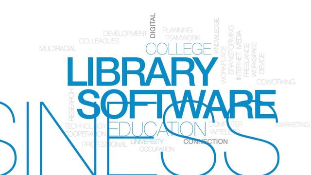 Library software animated word cloud, text design animation. Kinetic typography.