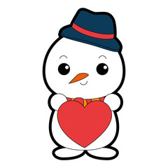 snowman with christmas hat and heart kawaii character