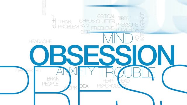 Obsession animated word cloud, text design animation. Kinetic typography.