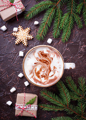 Christmas background with latte and gift boxes