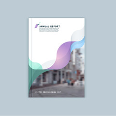 Abstract cover design, business brochure template, layout, report, magazine or booklet in A4 with blue green blurred dynamic waves, soft lines and smooth forms. Vector.