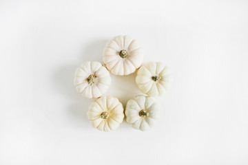 Fototapeta na wymiar White pumpkins. Round autumn minimal arrangement. Flat lay, top view.
