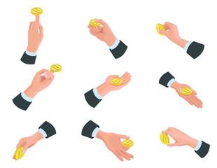 Businessman hand holding bitcoin isometric icons, cryptocurrency golden coin, digital money objects, 3d vector illustration of modern financial symbols