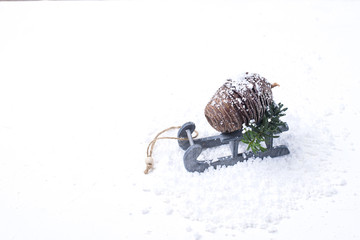 cone on a wooden sled in the snow on a white background