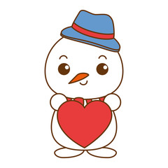 snowman with christmas hat and heart kawaii character